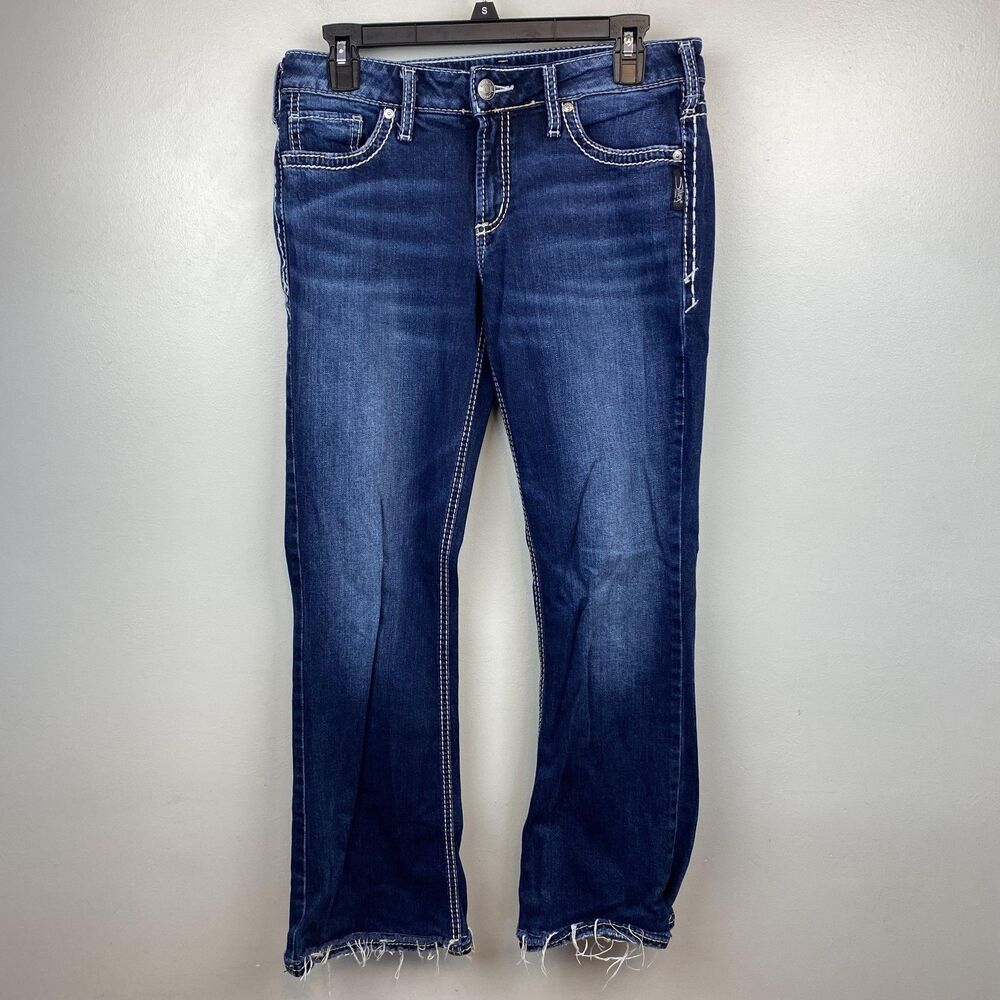 Silver Jeans Suki Bootcut Jeans Womens 27 Blue Mid Rise Distressed Raw Hem‎